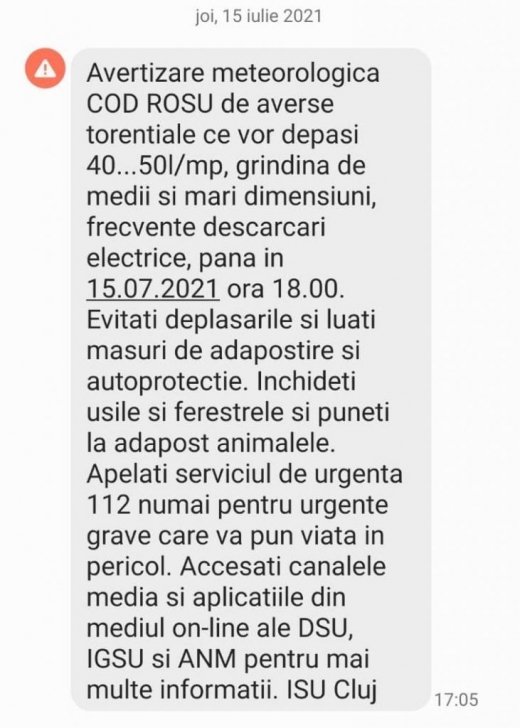 Mesaje de avertizare de COD ROȘU de fenomene meteo EXTREME în Cluj